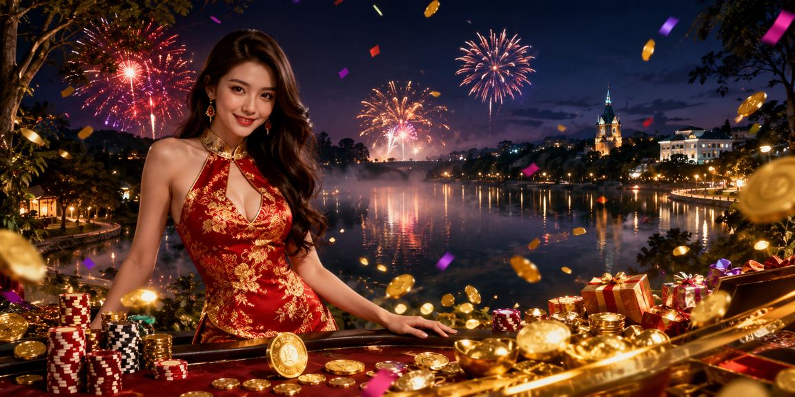 Không khí lễ hội casino sôi động tại Đà Lạt với đèn neon và bàn game trực tuyến